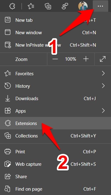 Microsoft Edge Extensions menu